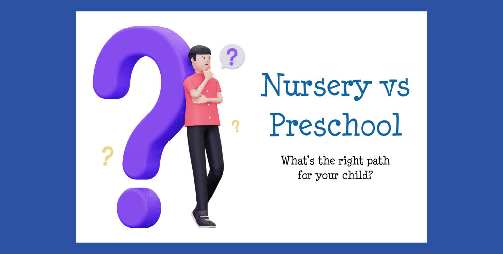 Animated man next to a giant question mark pondering the question 'nursery or preschool'?